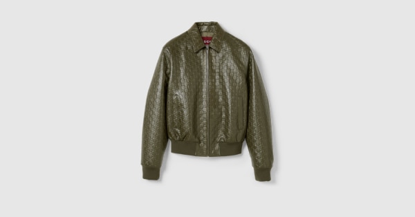 Embossed GG leather bomber jacket in dark green | GUCCI® US