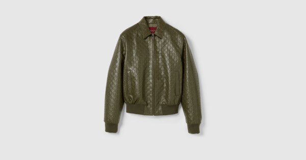 GG embossed leather bomber jacket in dark green | GUCCI® AE