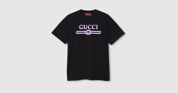 Printed cotton jersey T-shirt in black | GUCCI® US