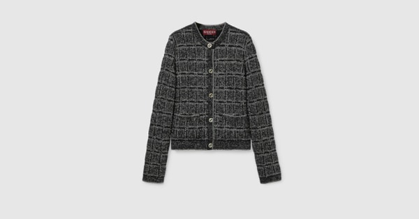 Wool and lamé check jacquard cardigan in black and silver