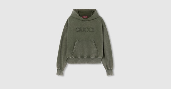 Embroidered cotton jersey hooded sweatshirt in dark green | GUCCI® SI