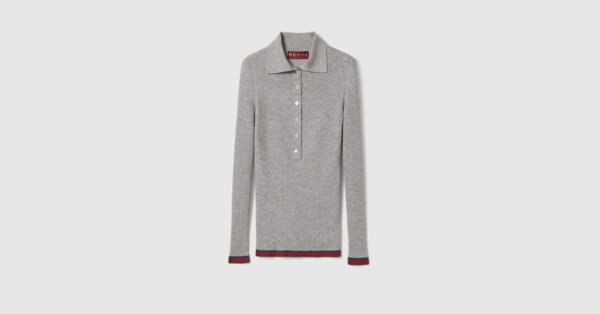 Cashmere and silk polo top with Web in grey | GUCCI® US