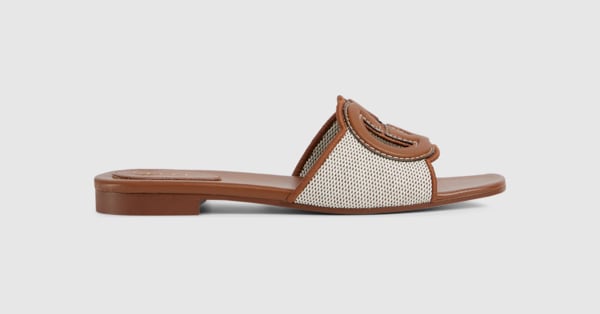 Women's slide sandal with Interlocking G in brown leather