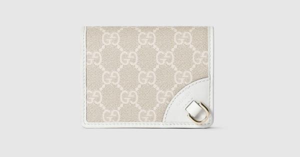 GG Emblem small wallet in beige and white fabric | GUCCI® US