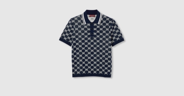 GG cotton knit jacquard polo shirt in navy and white | GUCCI® US