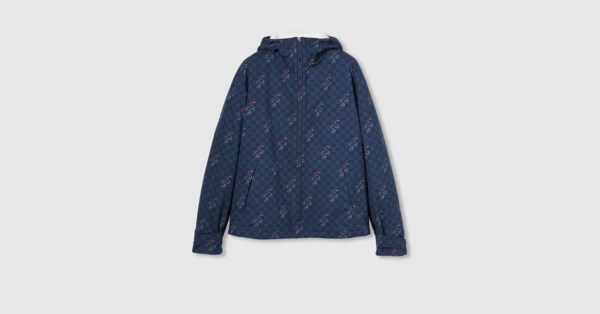 Printed cotton ripstop zip jacket in blue and Gucci Rosso