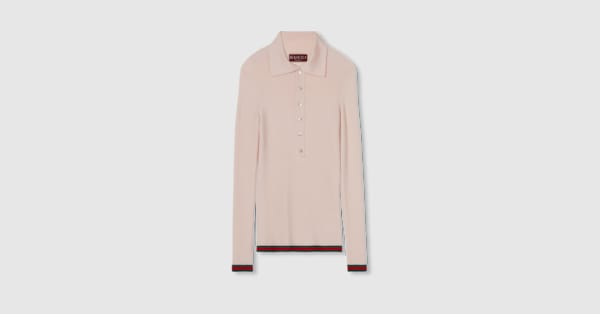 Cashmere and silk polo top with Web in pale pink | GUCCI® US