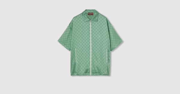 Relaxed fit GG satin zip shirt in lime green | GUCCI® SE