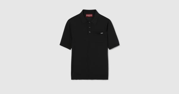Fine wool knit polo top with intarsia in black | GUCCI® US