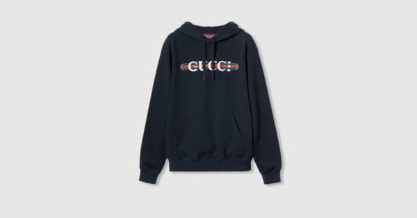Printed cotton jersey hooded sweatshirt in navy | GUCCI® US Printed cotton jersey hooded sweatshirt in navy | GUCCI® US