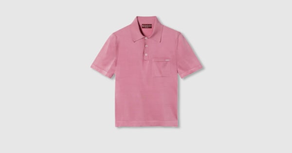 Fine silk knit polo shirt with intarsia in pink | GUCCI® US