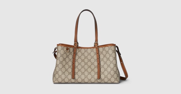 GG Emblem medium tote bag in beige and brown GG fabric | GUCCI® US