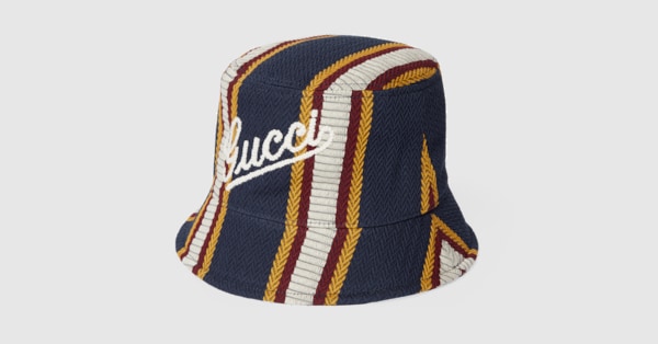 Striped canvas bucket hat with embroidery in dark blue and