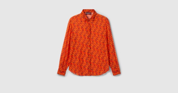 【GUCCI】シルクシャツ(23ss) Printed silk twill shirt in camel and dark brown | GUCCI® US