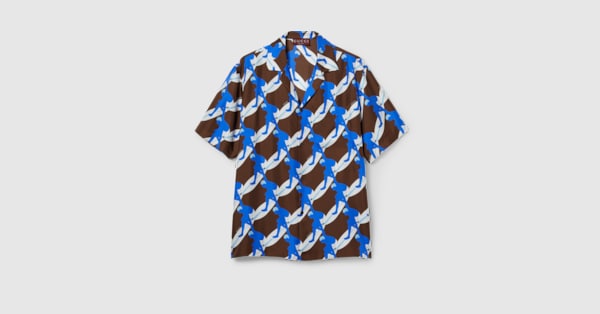 Printed silk bowling shirt in brown, white and blue | GUCCI® UK