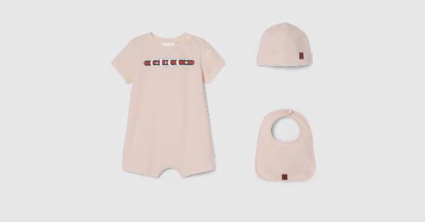 Baby printed cotton three-piece gift set in light pink | GUCCI® US