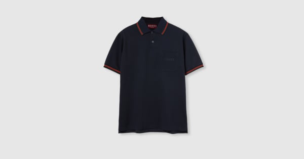 GUCCI ネイビー ポロシャツ Cotton piquet polo with Web collar in navy | GUCCI® US