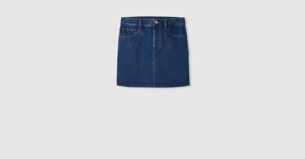 Regular denim skirt with laser logo in blue | GUCCI® US Regular denim skirt with laser logo in blue | GUCCI® US