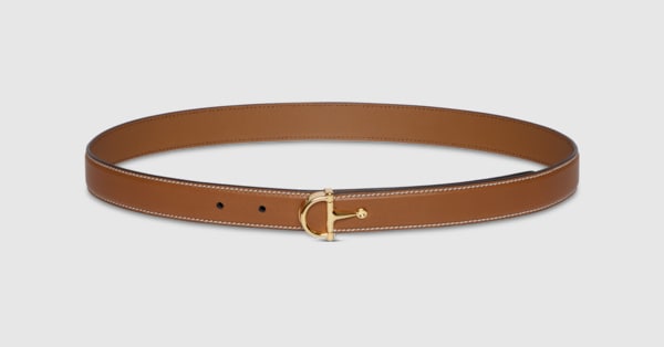 Thin belt with half-Horsebit buckle in brown leather | GUCCI® US