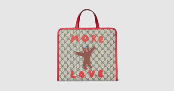 Children's GG tote bag with print in beige and blue GG Supreme