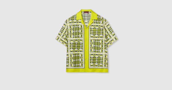 GUCCHI 騙し絵トップス Printed silk twill bowling shirt in lime green and blue
