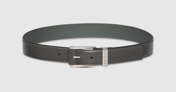 Belt with squared buckle in dark grey leather | GUCCI® UK