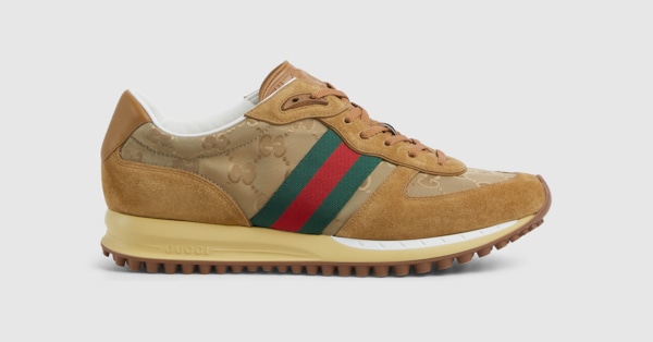 スニーカー GUCCI CAMEL GG FABRIC AND SUEDE RE-MOTION SNEAKERS Men's Gucci Re-Motion sneaker in camel Original GG canvas