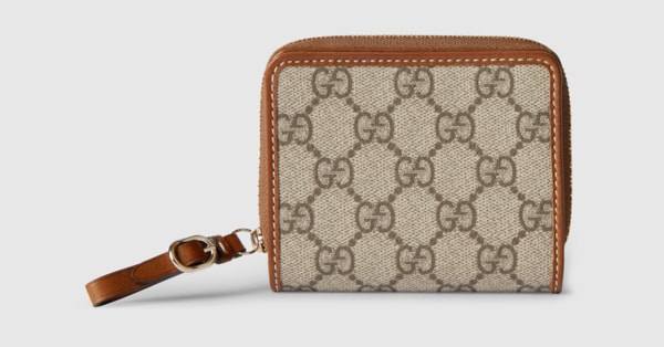 GG Emblem zip mini wallet in beige and dark brown fabric