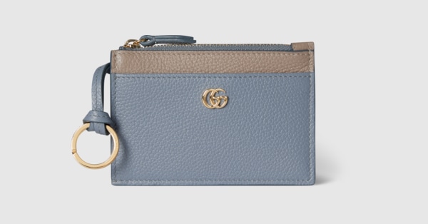 Bi-color GG Marmont zip key pouch in light blue and beige leather
