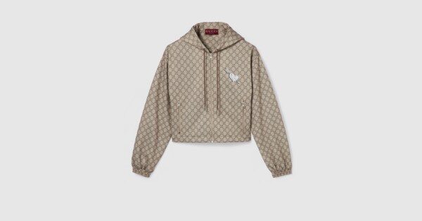 Printed technical jersey zip jacket in beige and dark brown