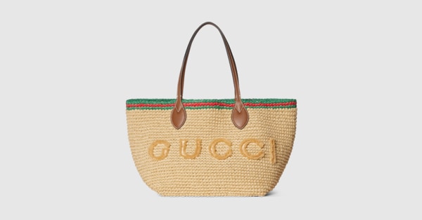 Woven medium tote bag in natural straw-effect | GUCCI® US