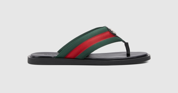 Men's thong sandal with Interlocking G in green and red nylon