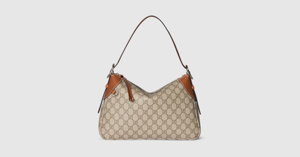 GG Emblem medium shoulder bag in beige and dark brown fabric