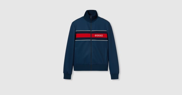 Neoprene zipped jacket with Web in dark blue | GUCCI® US