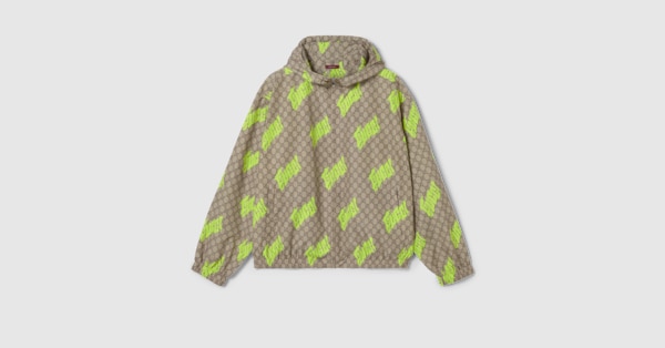 Printed poplin tech zip jacket in beige, brown and lime