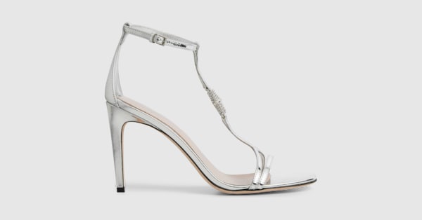 Women's sandal with bamboo in silver metallic leather