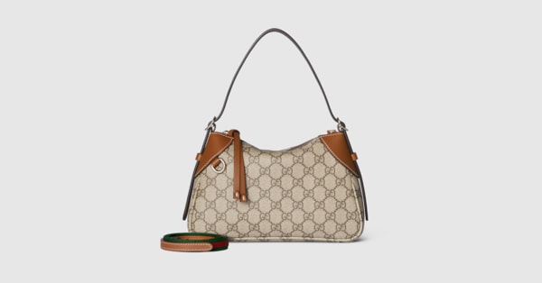 GG Emblem small shoulder bag in beige and dark brown fabric