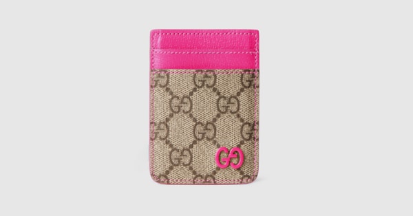 Bright pink trim magnetic card case in beige and dark brown