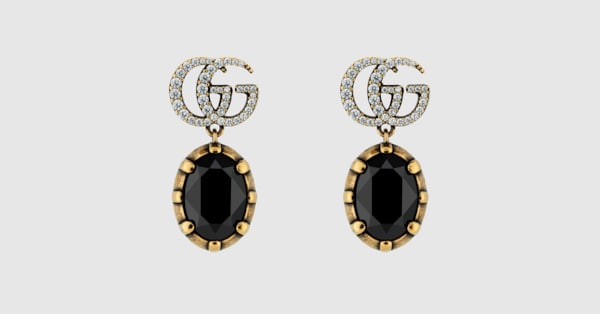 GG Marmont crystal earrings in aged gold metal | GUCCI® US