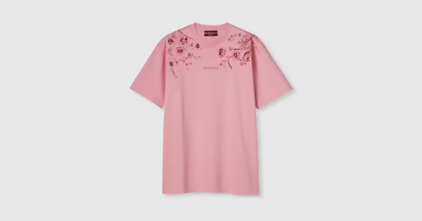 GUCCI Tシャツ コットンジャージー 半袖 ピンク ロゴ ★国内発送 25 新作 GUCCI コットンジャージー Tシャツ ピンク 半袖 ロゴ