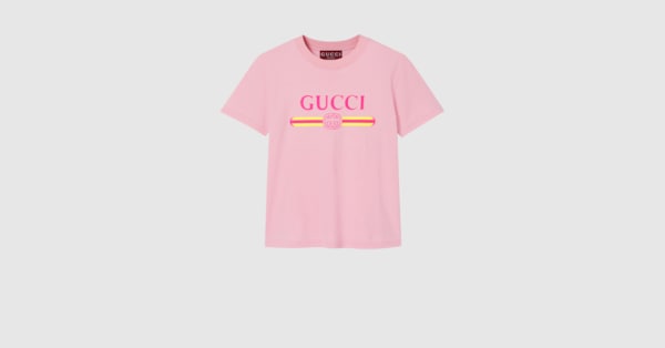 GUCCI Tシャツ コットンジャージー 半袖 ピンク ロゴ ★国内発送 プリント コットンジャージー Tシャツピンク | GUCCI公式