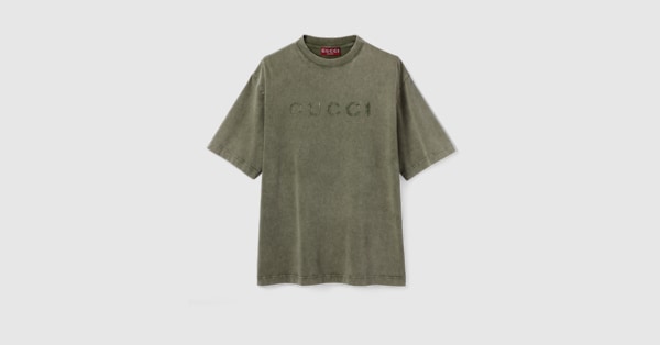 Tシャツ・カットソー GUCCI Men T Shirts 798115XJHDF 3266 GREEN Gucci Logo-Print Cotton T-Shirt in Green - Runway Catalog