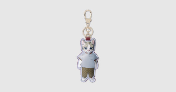 Yuko Higuchi cat-shaped keychain in beige and brown GG Supreme