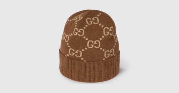 GUCCI グッチ GG ニット帽 Lサイズ ベージュ ブラウン系 ユニセックス 国内直営**GUCCI** ダブルG付き ウールカシミア キャップ (GUCCI