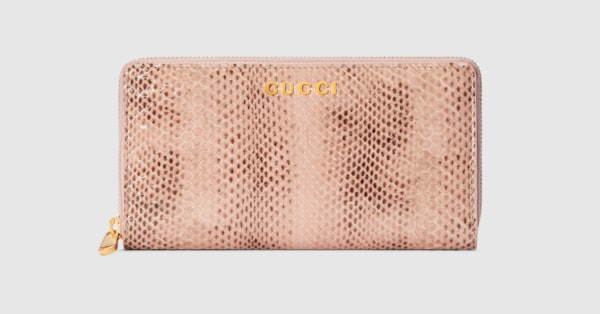 【名入れ無料】 GUCCI ジップアラウンドウォレットピンク パイソン スクリプト 小物