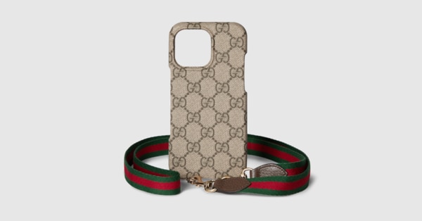 Ophidia lanyard iPhone 16 Pro Max holder in beige and brown GG