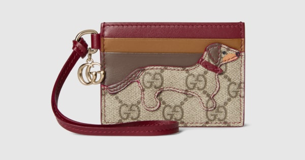 Card case with Double G and dog in beige and dark brown GG Supreme