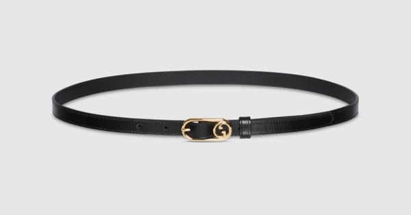 Thin belt with Round Interlocking G in black leather | GUCCI® US