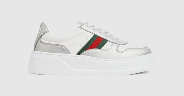 Women's chunky sneaker in silver metallic leather | GUCCI® US