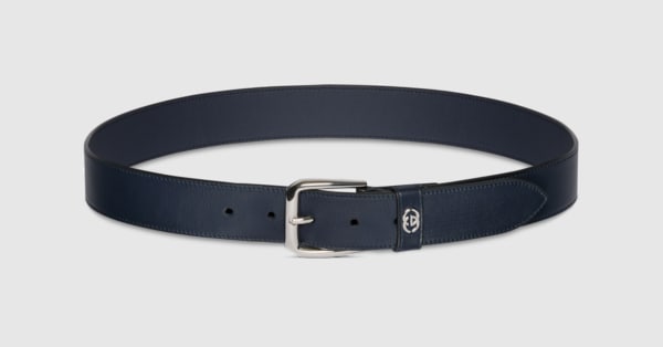 GUCCI グッチ　レザーベルト　ネイビー インターロッキングG ディテール付き ベルトブルー レザー